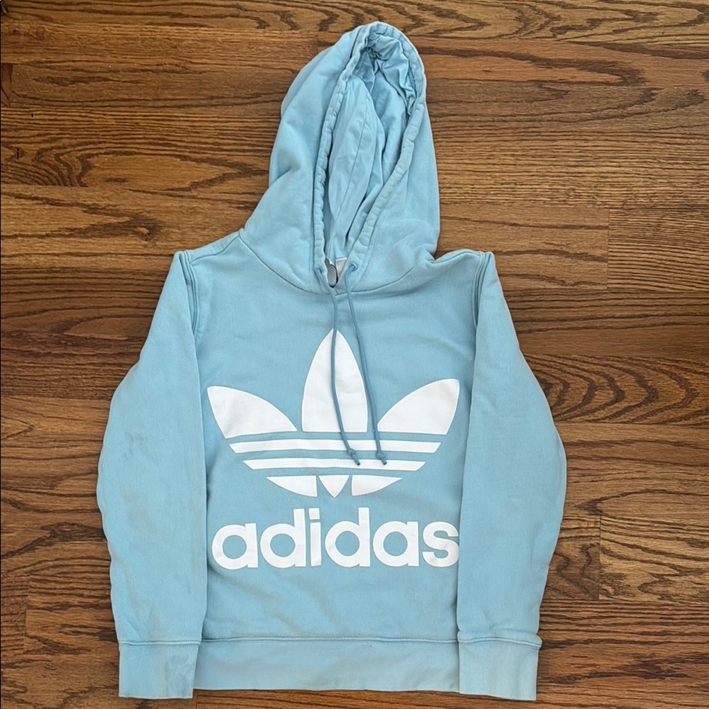 Adidas light blue logo hoodie (xs)